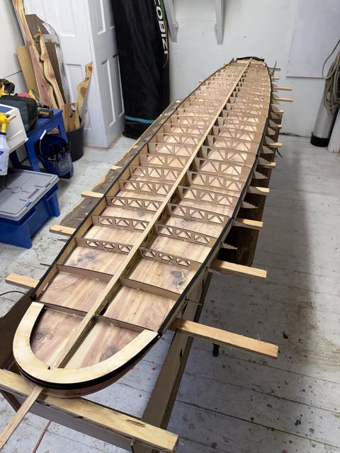 The skeleton has a floor at last. Ribs down on the bottom plank, nose block and all.