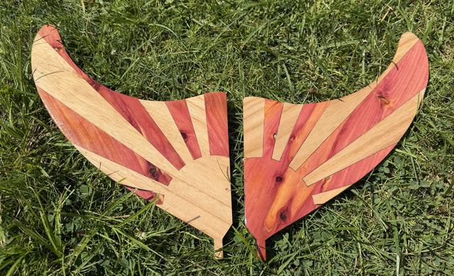 Sunburst cedar. Red heartwood and white, laid up ray by ray.