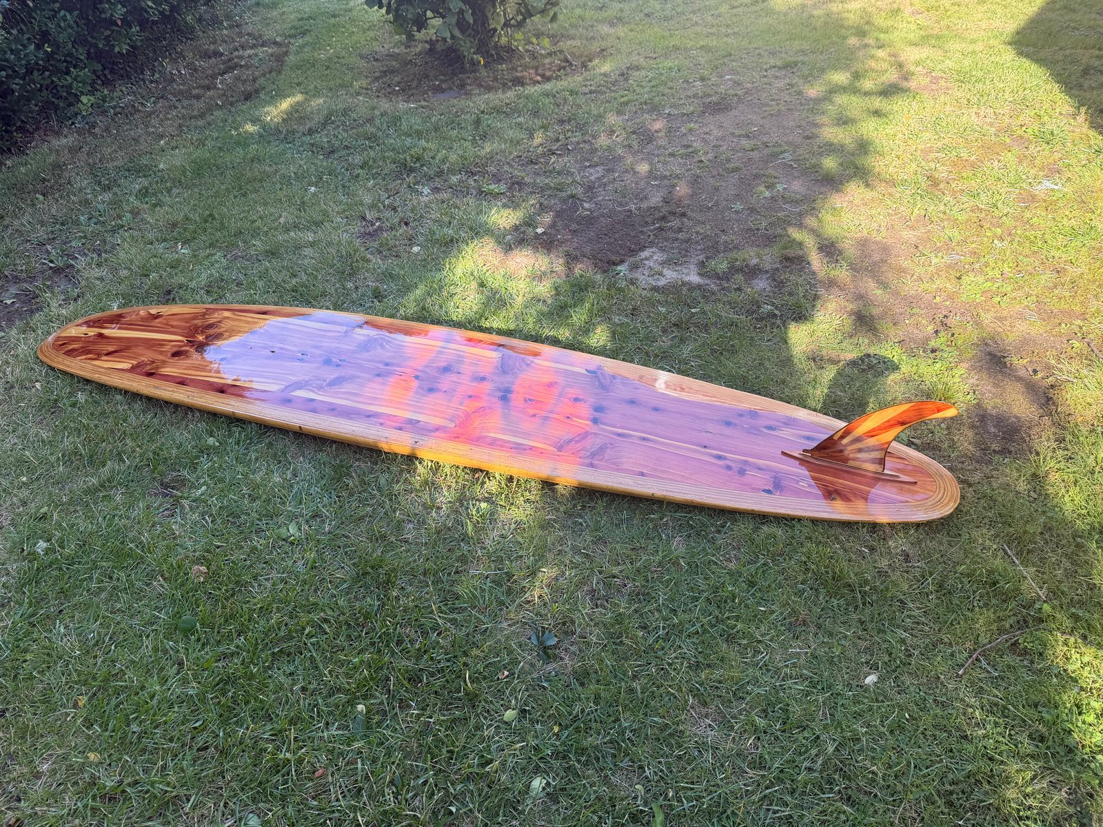 The finished cedar board lying on sunlit grass, fin up, shadows of leaves across it